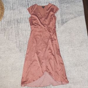 Pink Midi Wrap Dress with Flutter Sleeves and V-Neck for Cocktail